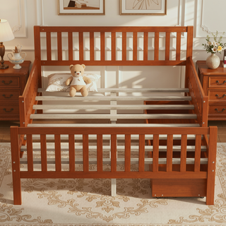 Sunvega Twin Size Walnut Wood Platform Bed with Guardrails and Two Storage Drawers