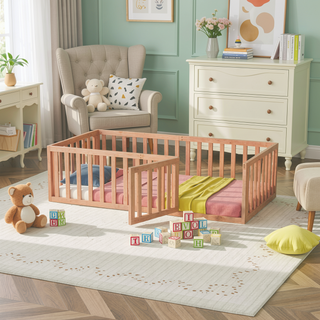 Sunvega Twin Size Wood Floor Bed Frame with Fence and Door in Walnut Finish