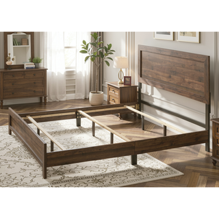 Sunvega Brown Cherry Finish Contemporary Fabric Panel Bed in One Box