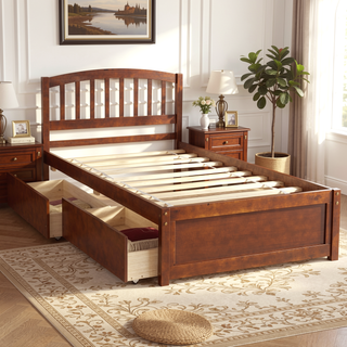 Sunvega Twin Wood Platform Storage Bed Frame with Two Drawers and Headboard