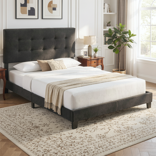 Sunvega Tufted Queen Panel Bed with Low Platform for Modern Bedroom Decor