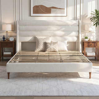 Sunvega Upholstered Queen Size Bed Frame with Wave - Shaped Headboard Premium Chenille Fabric