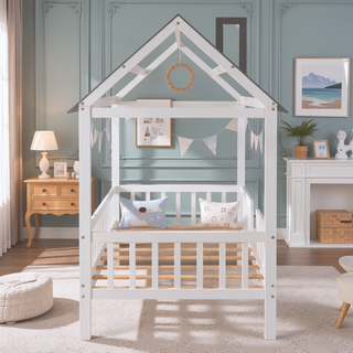 Sunvega White Twin Size Wood House Playhouse Bed with Fence for Kids Room