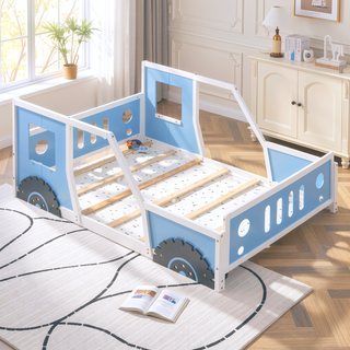 Sunvega Twin Size Blue Classic Car-Shaped Platform Bed with Wheels