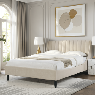 Sunvega Handmade Vertical Tufted Headboard Platform Bed Set in Light Beige Linen