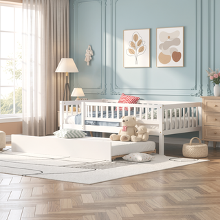 Sunvega Natural Twin Size Wood Daybed with Trundle and Fence Guardrails