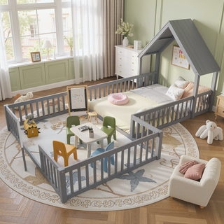 Sunvega Full Size House Floor Bed with Door and Full-Length Guardrails for Kids