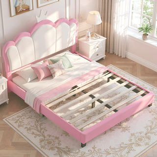 Sunvega Cream Pink Full Size Princess Bed with Crown Headboard and Footboard