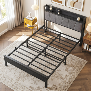 Sunvega Full Size Bed Frame with Storage Headboard and Charging Station Outlets