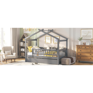 Sunvega Twin Size Wooden House Bed with Trundle and Headboard in Walnut