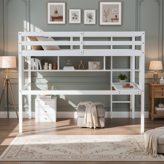 Sunvega Twin Size Loft Bed with Desk, Shelves, Safety Guardrail and Ladder in White