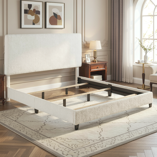 Sunvega King Size White Boucle Upholstered Platform Bed with Padded Headboard