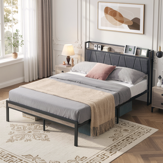 Sunvega Full Size Metal Platform Bed Frame with Upholstery Storage Headboard and Footboard