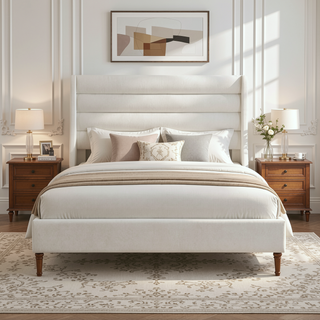 Sunvega Upholstered Queen Size Bed Frame with Wave - Shaped Headboard Premium Chenille Fabric