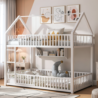 Sunvega Sturdy Metal Twin over Twin House Bunk Bed with Fence and Door