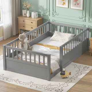 Sunvega Montessori Wooden Children's Floor Bed Frame with High Safety Fence