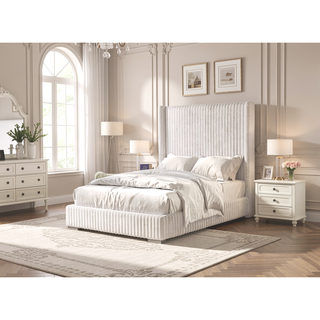 Sunvega Contemporary White Fur Chenille Fabric Mattress Ready Queen Size Bed