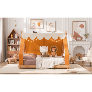 Sunvega Full Size Brown House Bed with Detachable Tent and Skylight for Kids