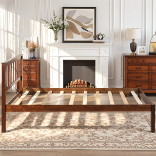 Sunvega Solid Pine Wood Platform Bed with Headboard and Slat Support Twin Walnut