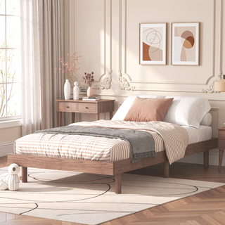 Sunvega Modern Floating Platform Bed Frame in Walnut with Sturdy Wood Construction
