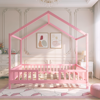 Sunvega Full Size House Bed with Canopy and High Railings for Kids Room