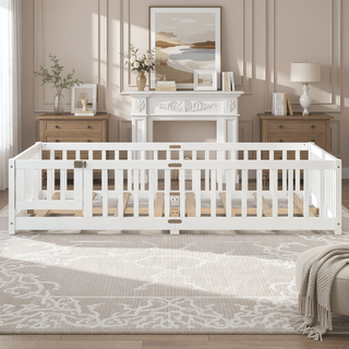 Sunvega Twin Size Floor Bed with Safety Guardrails and Door for Kids in Natural