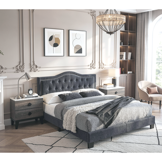Sunvega European Queen Size Bed with Button Tufted Headboard and Charcoal Finish