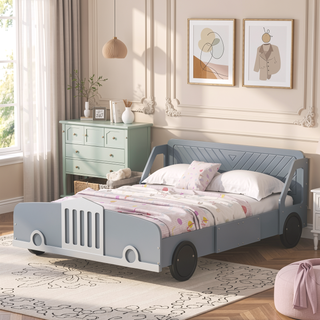 Sunvega Blue Twin Size Car-Shaped Platform Bed with Wheels for Kids