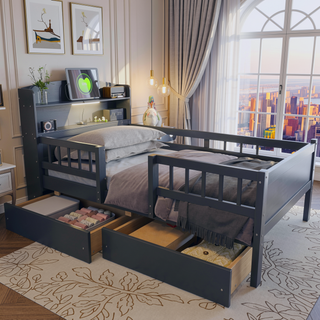 Sunvega White Twin Size Wood Platform Bed with LED Light Headboard and 2 Drawers