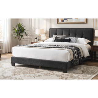 Sunvega Full Size Bed with Floral Design Headboard in Charcoal Wool Fabric