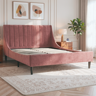 Sunvega Handmade Vertical Tufted Headboard Platform Bed Set in Light Beige Linen