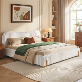 Sunvega King Size Upholstered Bed with Wavy Headboard and Clean Vertical Stitching
