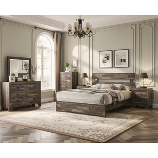 Sunvega Rustic Queen Platform Bed Slat Headboard with Brown Finish Wood Veneers