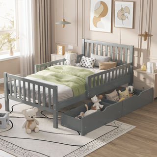 Sunvega Twin Size Walnut Wood Platform Bed with Guardrails and Two Storage Drawers