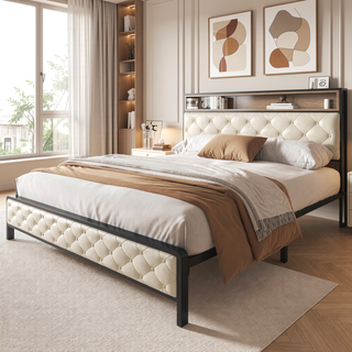 Sunvega Queen Size Bed Frame with Charging Station Storage Headboard and Footboard