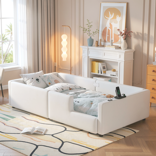Sunvega Pink Twin Size Upholstered Platform Bed with Guardrail and Charging Station
