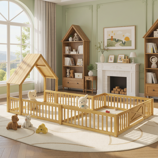 Sunvega Full Size House Floor Bed with Door and Full-Length Guardrails for Kids