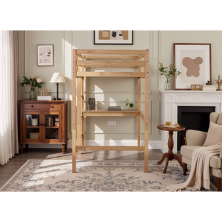 Sunvega Pink Rubber Wood Twin High Loft Bed with Safety Guardrail and Built-in Desk