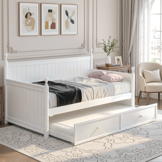 Sunvega White Twin Size Pine Wood Daybed with Three Storage Drawers and Slatted Panels