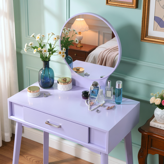 Sunvega Gold Modern Wood Vanity Set with Round Mirror and Matching Stool