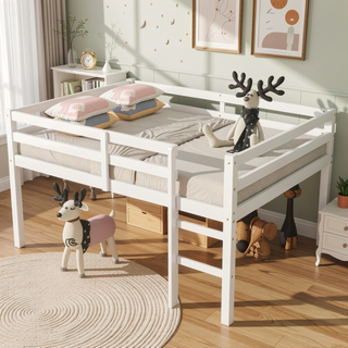 Sunvega Espresso Rubber Wood Low Height Loft Bed with Ladder for Bedroom