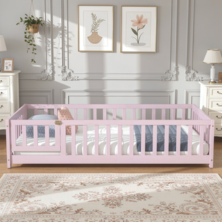 Sunvega Natural Rubber Wood Twin Size Floor Bed with Safety Guardrails and Door