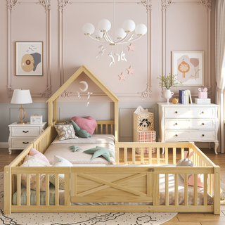 Sunvega Full Size House Floor Bed with Door and Full-Length Guardrails for Kids