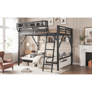 Sunvega Full Metal Loft Bed with Storage Shelf and Ladder for Kids Teens