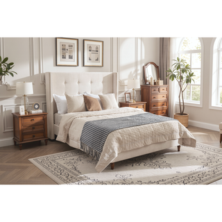Sunvega Blue Velvet King Bed with Nailhead Trim Wingback and Buttoned Tufting