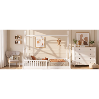Sunvega White Distressed Washed Wood House Bed with Fence for Kids Twin Size