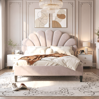 Sunvega Queen Size Upholstered Platform Bed with Flower Pattern Velvet Headboard