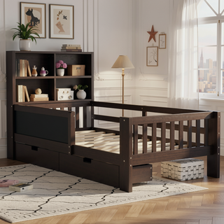 Sunvega Twin Solid Wood Platform Bed with Chalkboard Headboard and Storage Drawers