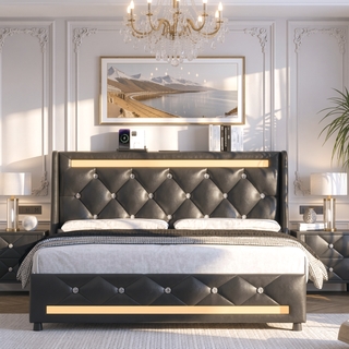 Sunvega Queen Size Bed Frame with Headboard LED Lights Charging Station Storage