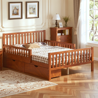 Sunvega Twin Size Walnut Wood Platform Bed with Guardrails and Two Storage Drawers